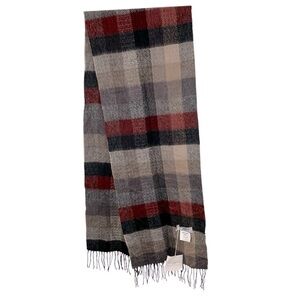 NWT Via Condotti 100% Virgin Wool Plaid Winter Scarf Fringe Burgundy Grey Tan